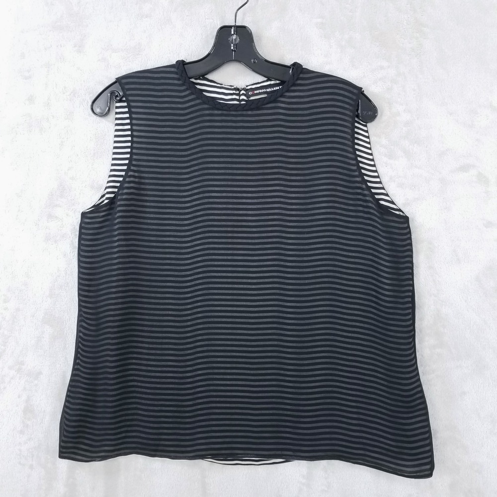 Ellen Tracy Sleeveless Blouse XL Black Striped 100% Silk Double Layer Shell
